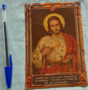 Antigüedades: Antigua Chapa Religiosa de Puerta ,Seriagrafiada.